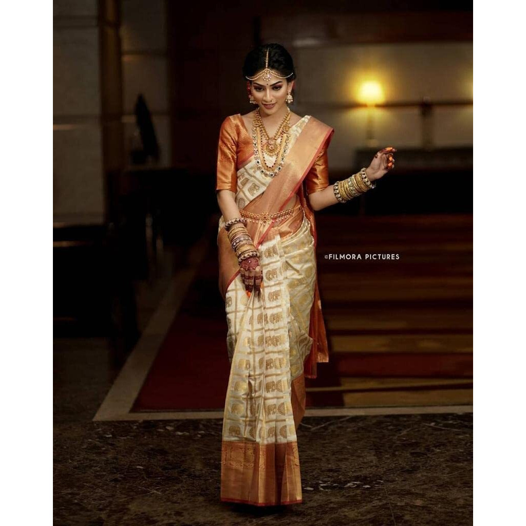 Flosive Ayn Women's Present Banarasi Soft Lichi Silk Saree Beautiful Jacquard Rich Pallu Design Work Zari Devika Kanjivaram Silk Style Saree With Soft Lichi Silk Blouse Piece (Cream)