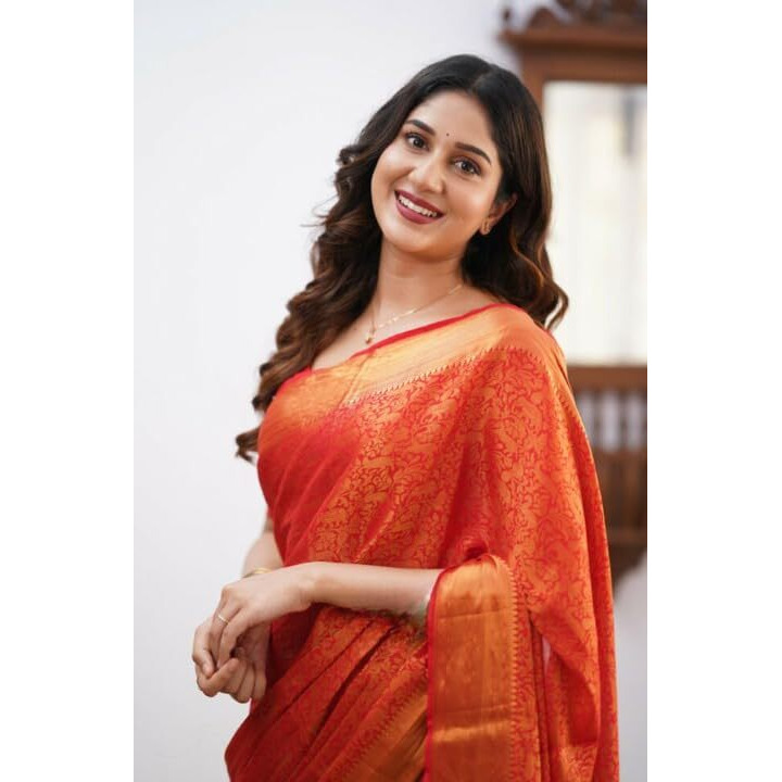 Flosive Mix Color & Gold Zari Woven Kanjivaram Saree With Blouse (Orange)