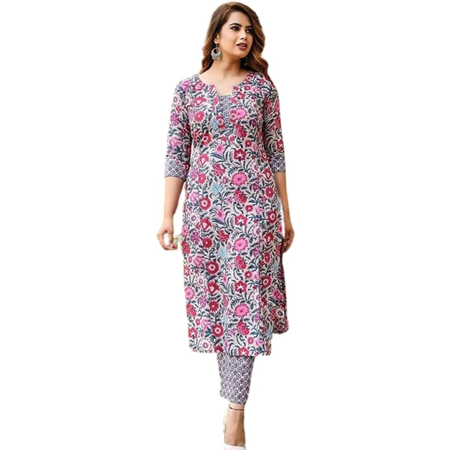 Greciilooks Women Cotton Blend Casual Regular Fit Kurta Set (Pink, Small)
