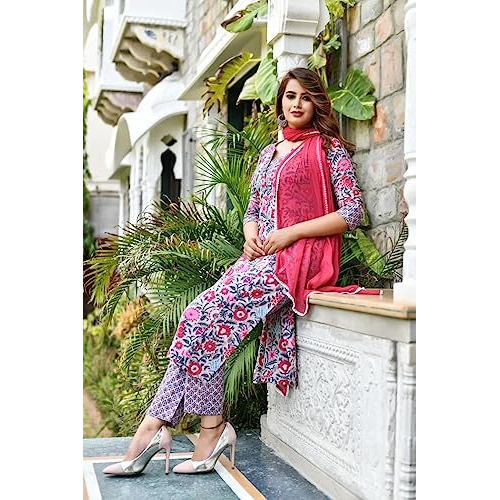 Greciilooks Women Cotton Blend Casual Regular Fit Kurta Set (Pink, Small)