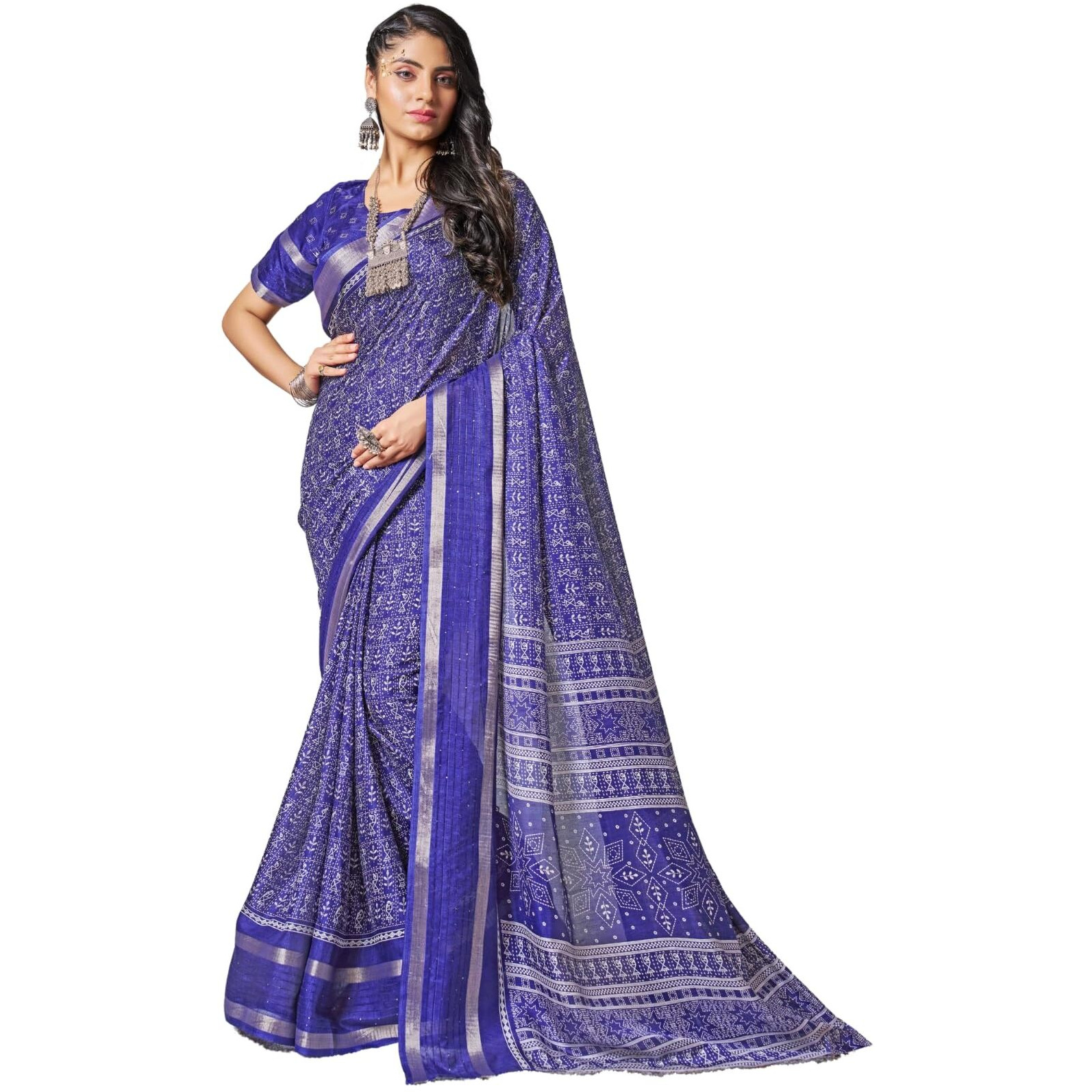 Greciilooks Plain Cotton Latest Design For Women | Silk Banarasi Saree (Gl-S2399_Dark Blue)