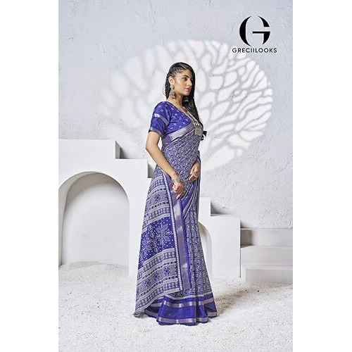 Greciilooks Plain Cotton Latest Design For Women | Silk Banarasi Saree (Gl-S2399_Dark Blue)