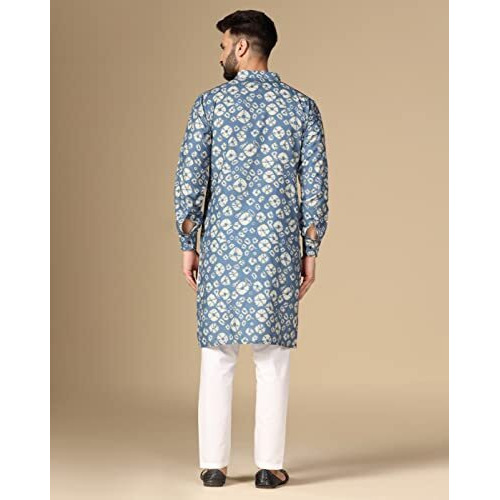 Greciilooks Mens Rayon Casual Regular Fit Kurta Set For Men (Blue, Small)