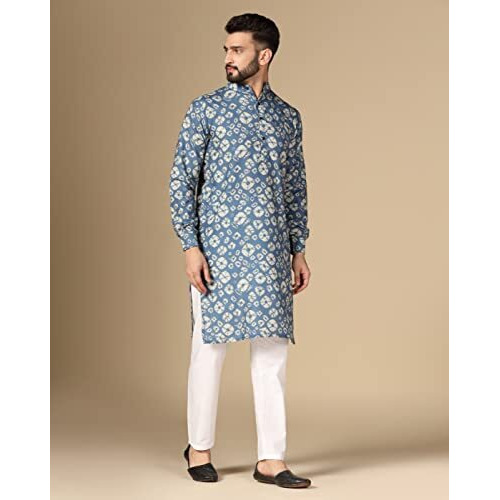 Greciilooks Mens Rayon Casual Regular Fit Kurta Set For Men (Blue, Small)