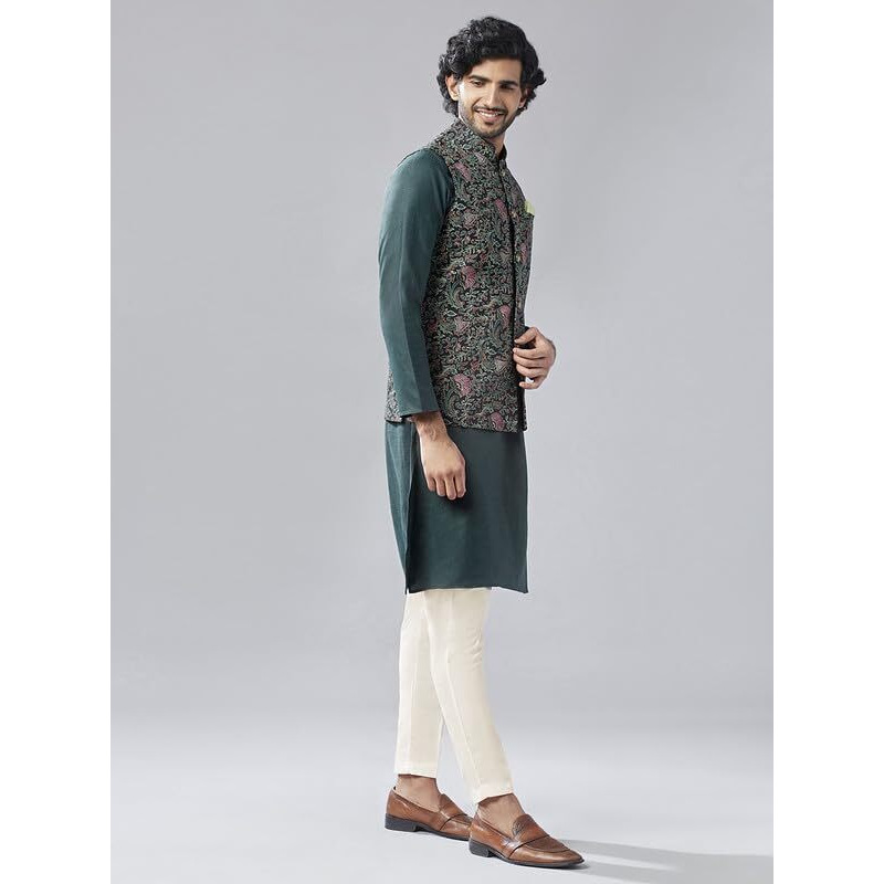 Kisah Kurta Jacket Set For Men  Printed Pure Cotton Ethnic Set With Trouser | Traditional Indian Outfit For Weddings, Festive & Semi-Formal Wear, Black, 40
