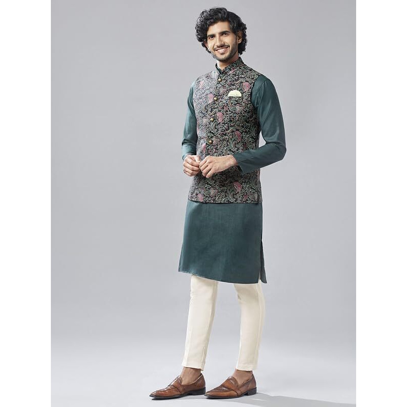 Kisah Kurta Jacket Set For Men  Printed Pure Cotton Ethnic Set With Trouser | Traditional Indian Outfit For Weddings, Festive & Semi-Formal Wear, Black, 40