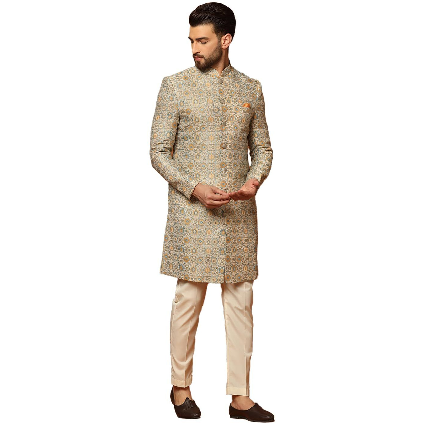 Kisah Mens Sherwani & Trouser Set  Textured Silk Blend Jacquard Ethnic Wear For Men  Regular Fit Wedding & Festive Look  Dry Clean Only, Multicolour, 42