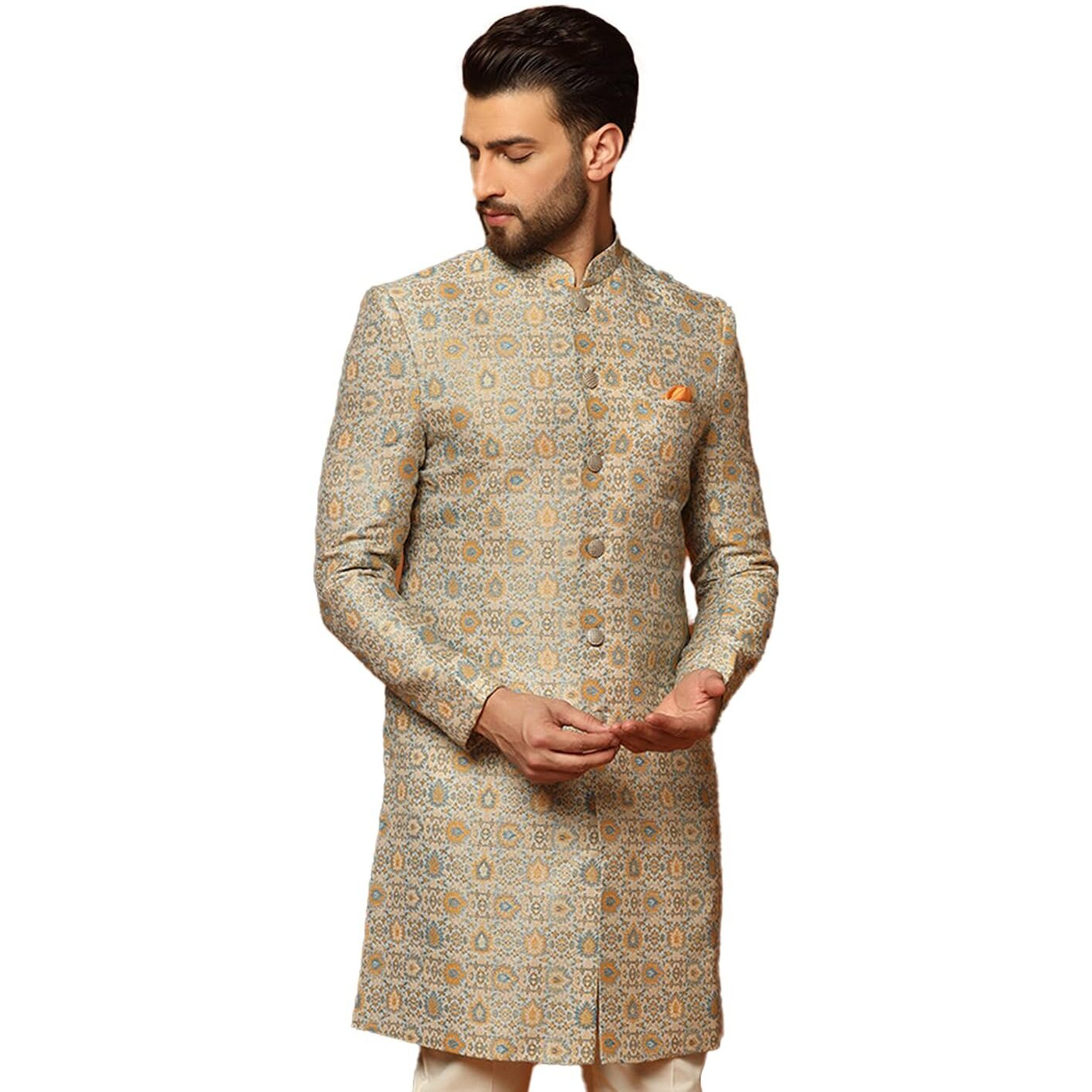Kisah Mens Sherwani & Trouser Set  Textured Silk Blend Jacquard Ethnic Wear For Men  Regular Fit Wedding & Festive Look  Dry Clean Only, Multicolour, 42