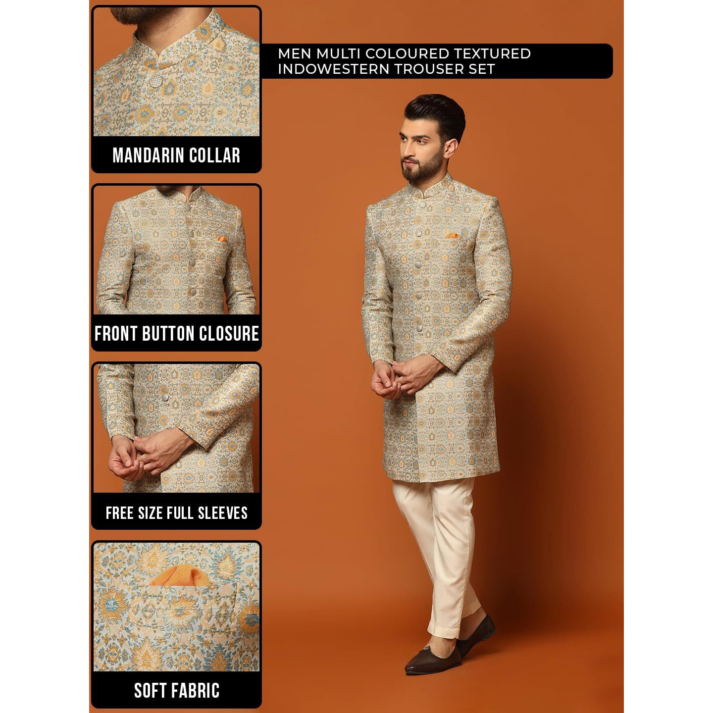 Kisah Mens Sherwani & Trouser Set  Textured Silk Blend Jacquard Ethnic Wear For Men  Regular Fit Wedding & Festive Look  Dry Clean Only, Multicolour, 42