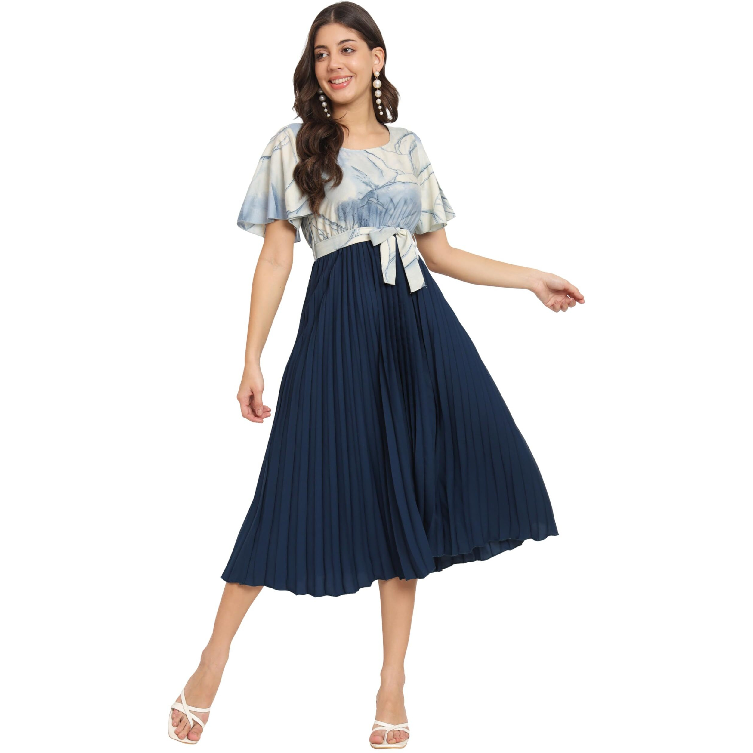 Kzully Women's Crepe A-Line Midi Dress (601-Mrb-Blue-L_Blue_L)