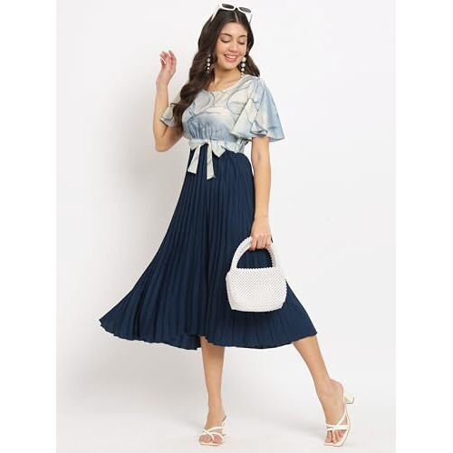 Kzully Women's Crepe A-Line Midi Dress (601-Mrb-Blue-L_Blue_L)