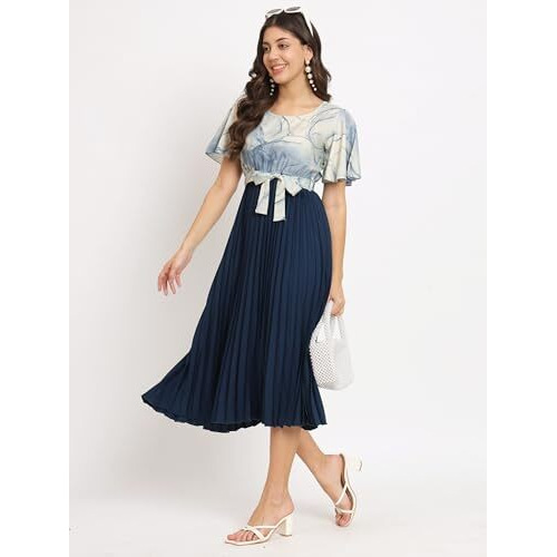 Kzully Women's Crepe A-Line Midi Dress (601-Mrb-Blue-L_Blue_L)