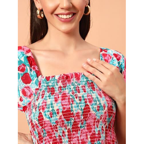 Kzully Women's Rayon Smocked Midi Dress (1003-Pink-L_Pink