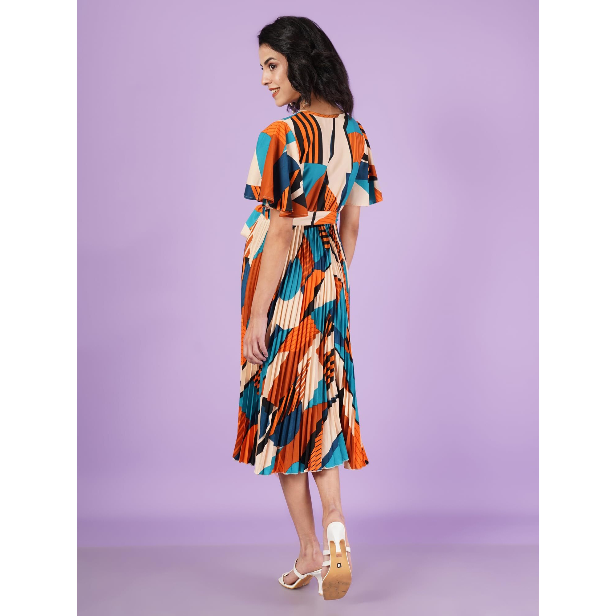 Kzully | Chic Elegance A-Line Dress With V-Neck, Pleats, Printed Top, And Belt Detail For Women Yellow