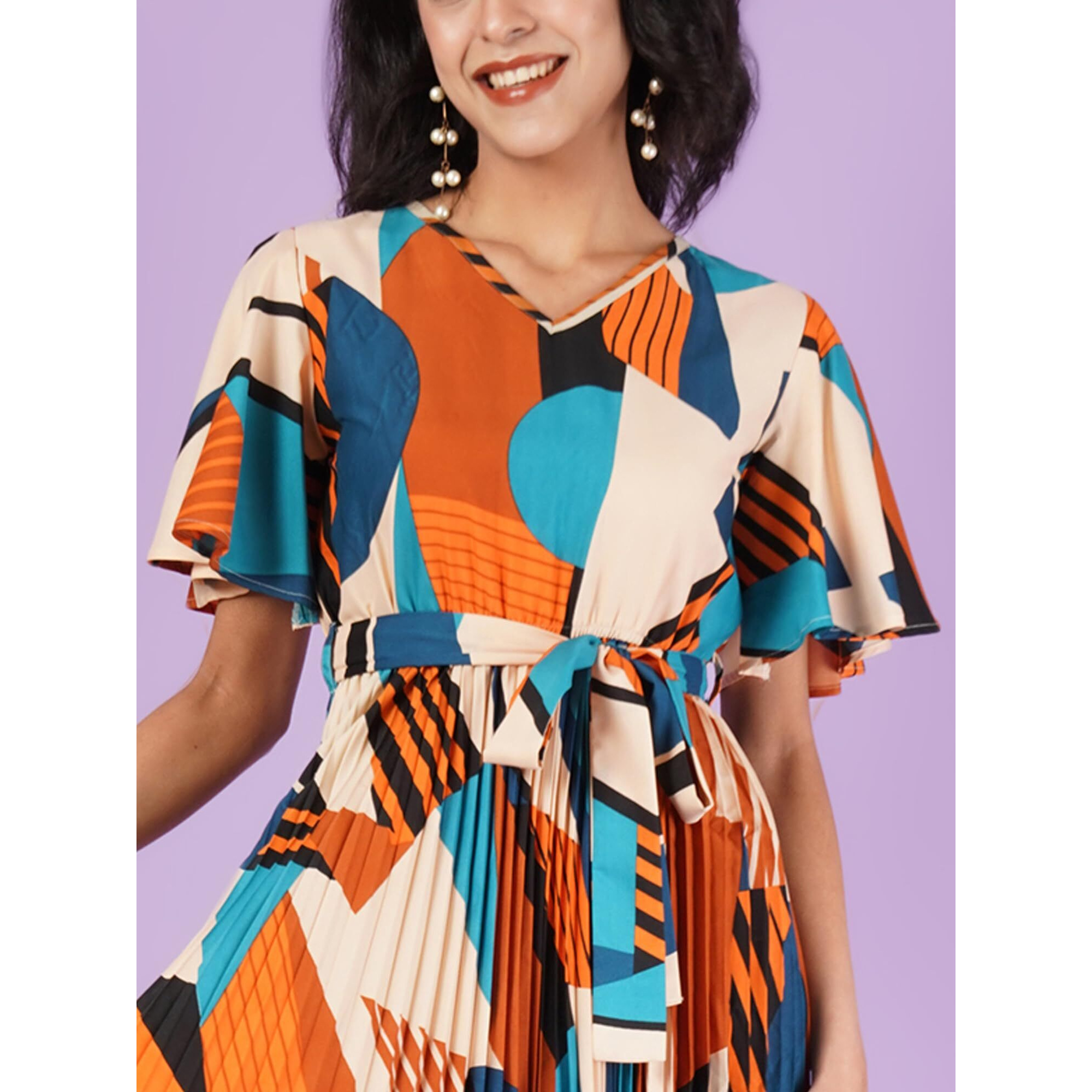 Kzully | Chic Elegance A-Line Dress With V-Neck, Pleats, Printed Top, And Belt Detail For Women Yellow