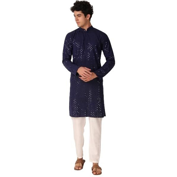 Lookmark Present Men's Pure Rayon Chikankari Sequins Kurta||Men's Chikankari Navyblue Coloured Kurta|| Az-Lm-Og-Kurta 11 Navy Blue-Xl