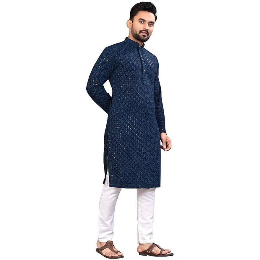 Lookmark Present Men's Pure Rayon Chikankari Sequins Kurta||Men's Chikankari Navyblue Coloured Kurta|| Az-Lm-Og-Kurta 11 Navy Blue-Xl