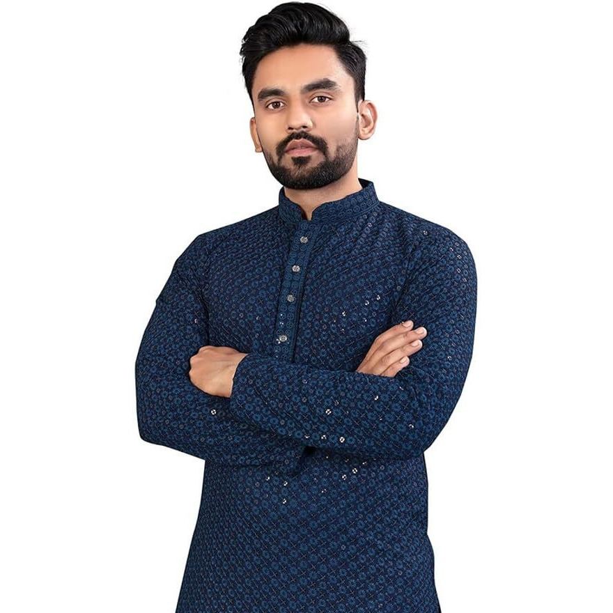 Lookmark Present Men's Pure Rayon Chikankari Sequins Kurta||Men's Chikankari Navyblue Coloured Kurta|| Az-Lm-Og-Kurta 11 Navy Blue-Xl