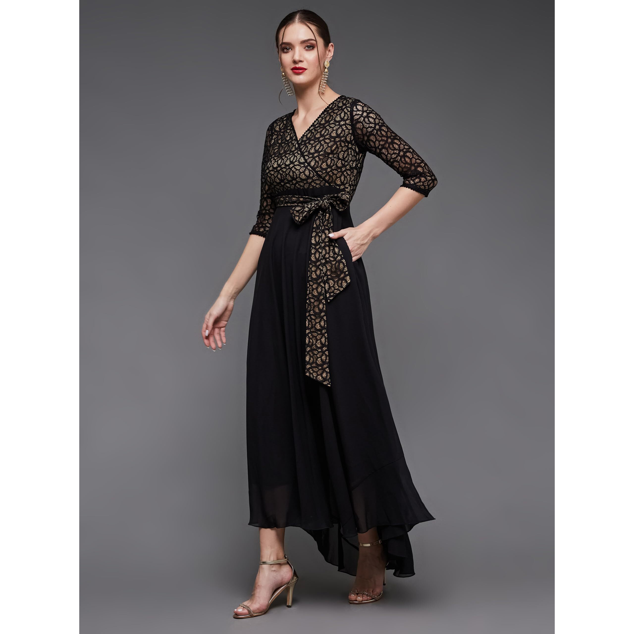Miss Chase Women's Self-Designed Relaxed Fit V-Neck 3/4Th Sleeve Georgette And Lace Maxi Dress With Pocket (Mcss21D14-67-62-07, Black, 2Xl)