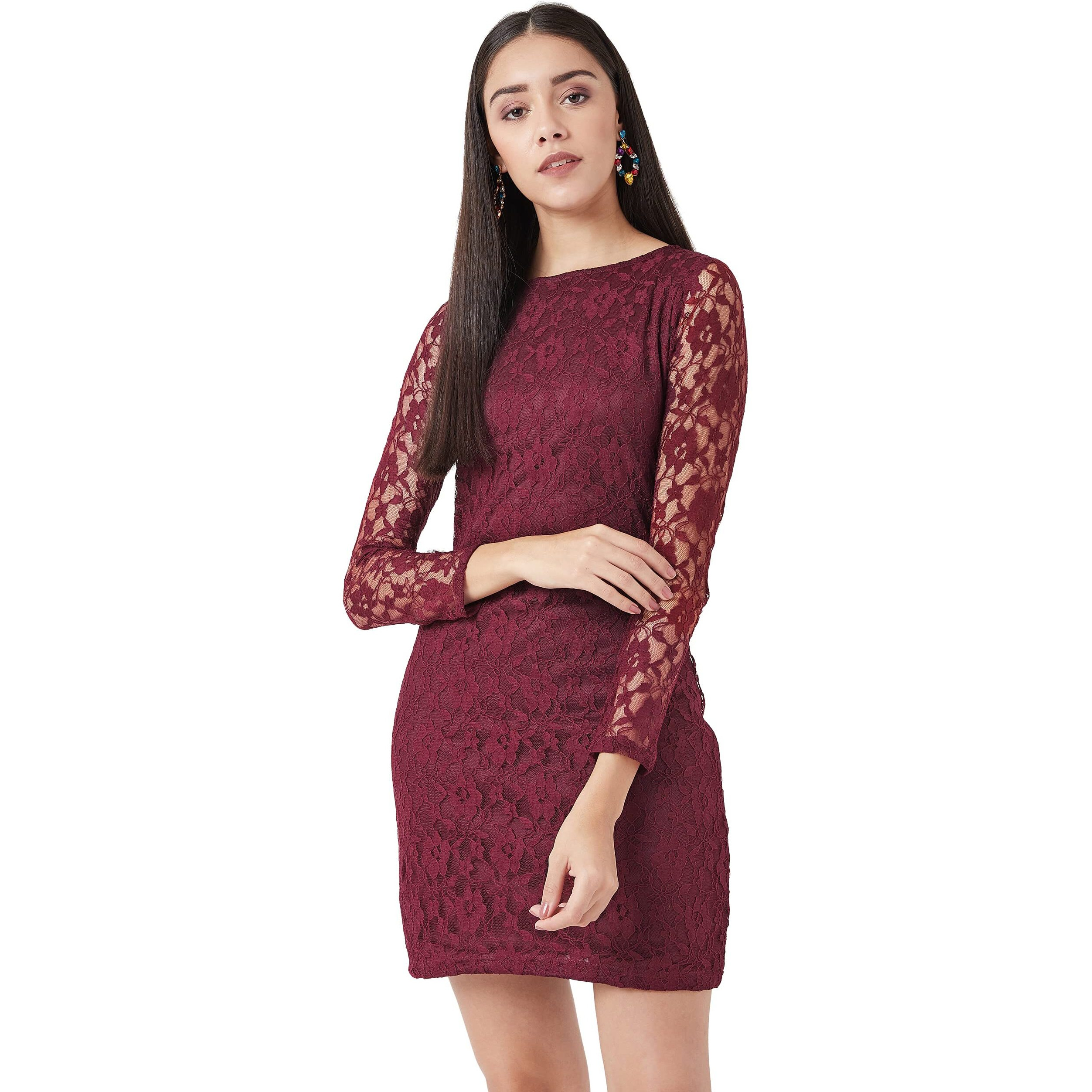 Miss Chase Women's Maroon Round Neck Full Sleeves Lace Bodycon Mini Dress (Mcs14D02-17-64_Maroon_S)