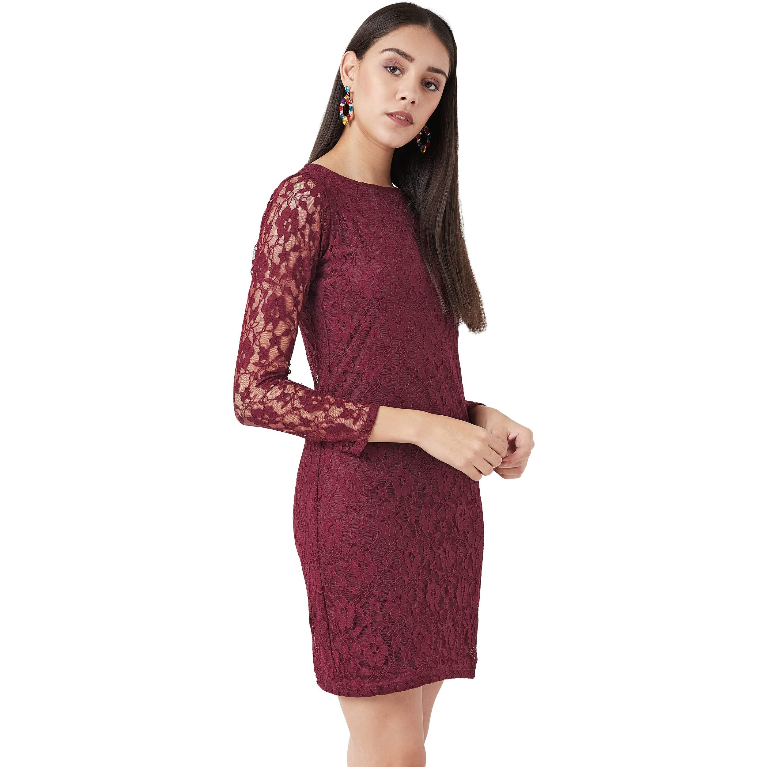 Miss Chase Women's Maroon Round Neck Full Sleeves Lace Bodycon Mini Dress (Mcs14D02-17-64_Maroon_S)