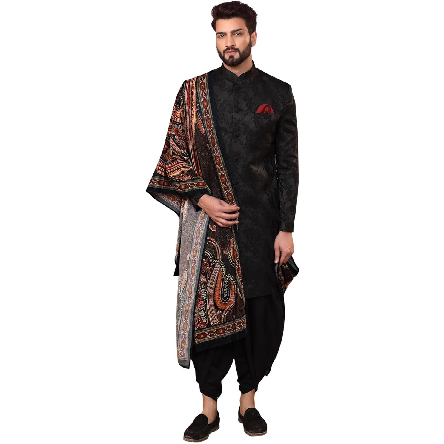 Kisah Indowestern Men's Casual Style Ethnic Wear Silk Blend Woven Design Regular Fit Black Indo-Western Sherwani Set Indo-Western