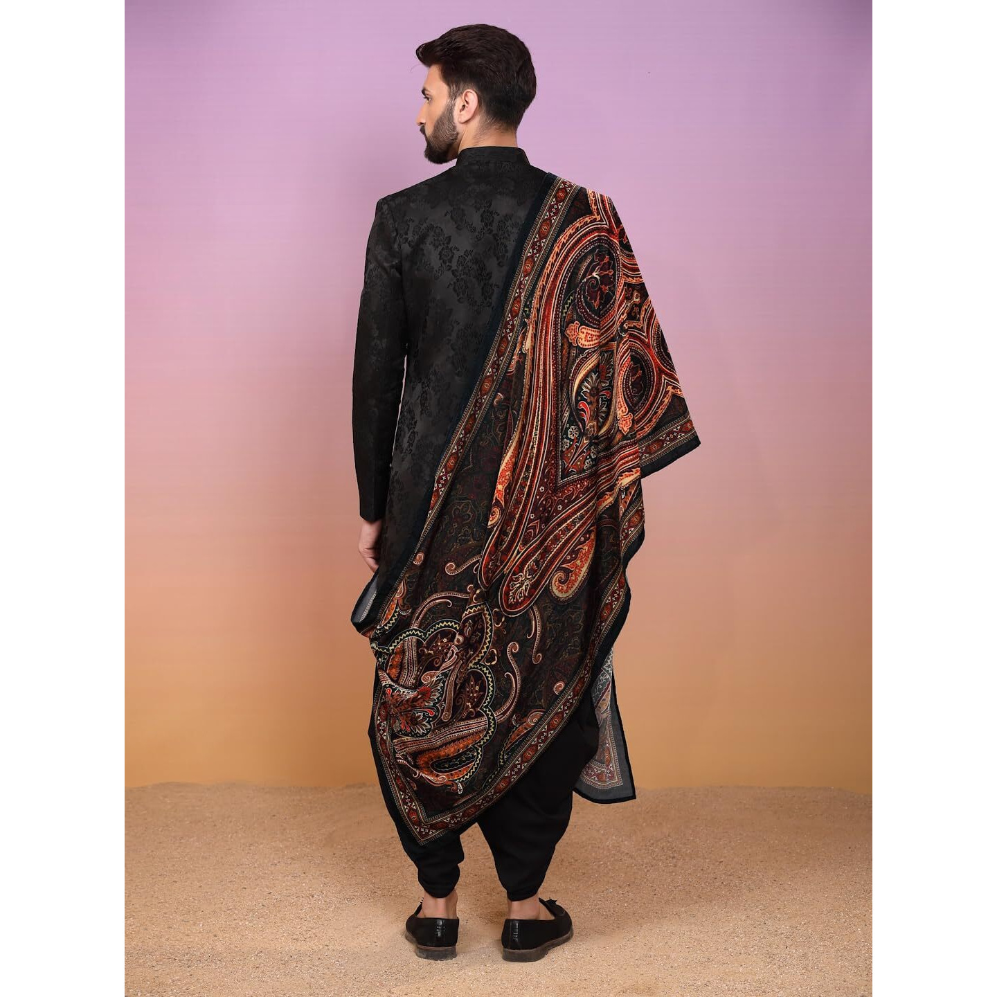 Kisah Indowestern Men's Casual Style Ethnic Wear Silk Blend Woven Design Regular Fit Black Indo-Western Sherwani Set Indo-Western