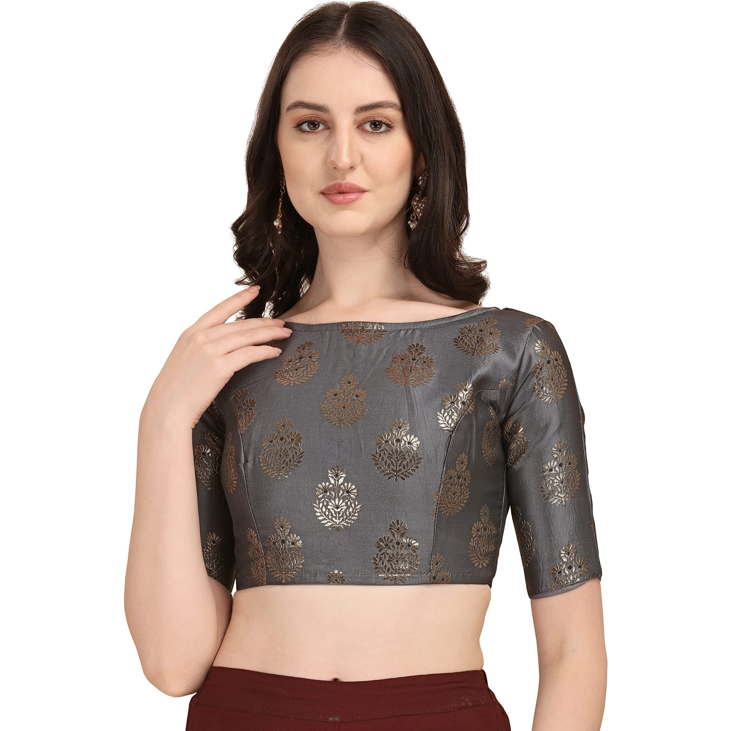 Oomph Women's Indian Ethnic Wear Grey Color Multileaf Zari Work Boat Neck Half Sleeve Readymade Blouse For Saree And Lehnga And Palazzos Or Skirts For A Fusion Twist.