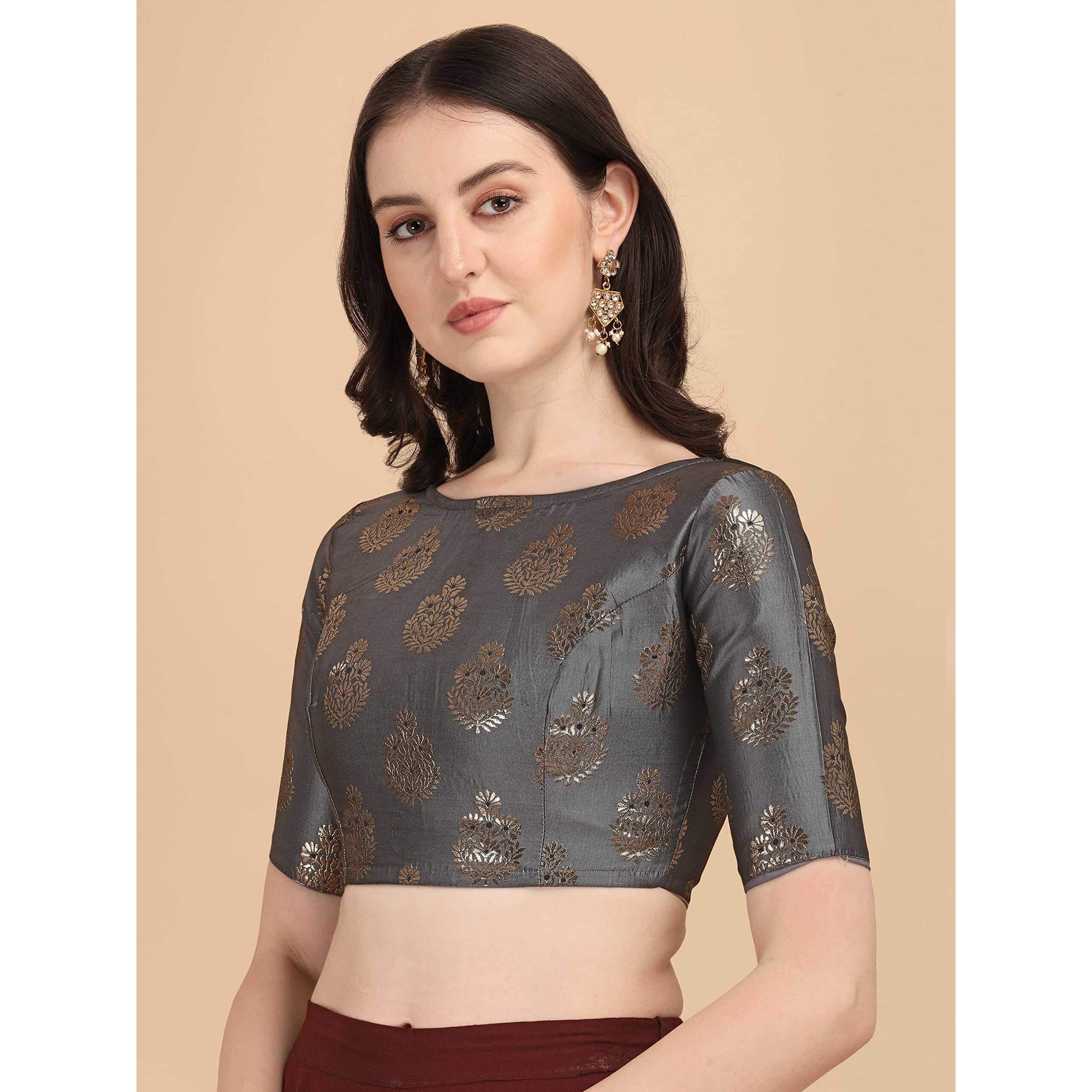 Oomph Women's Indian Ethnic Wear Grey Color Multileaf Zari Work Boat Neck Half Sleeve Readymade Blouse For Saree And Lehnga And Palazzos Or Skirts For A Fusion Twist.