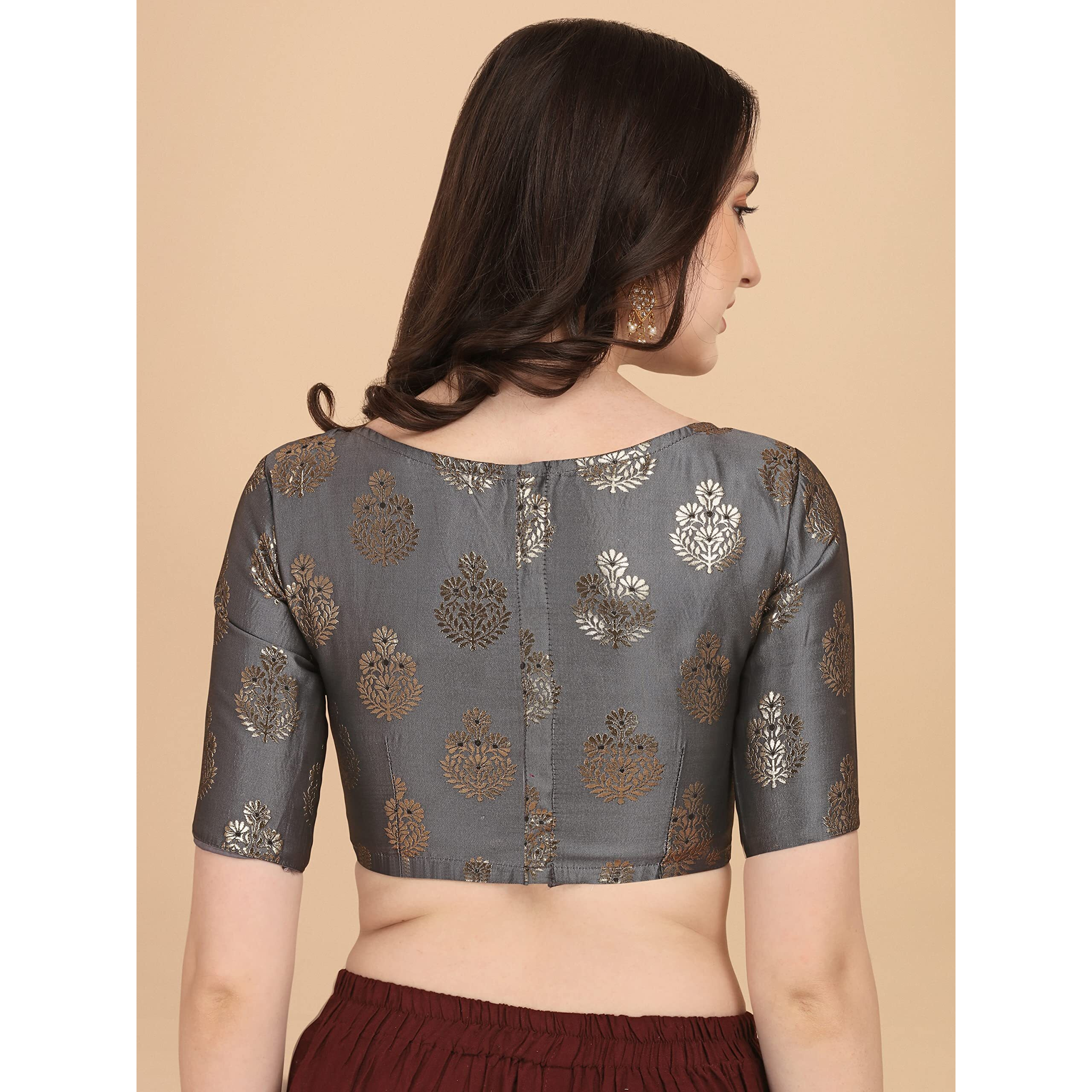 Oomph Women's Indian Ethnic Wear Grey Color Multileaf Zari Work Boat Neck Half Sleeve Readymade Blouse For Saree And Lehnga And Palazzos Or Skirts For A Fusion Twist.