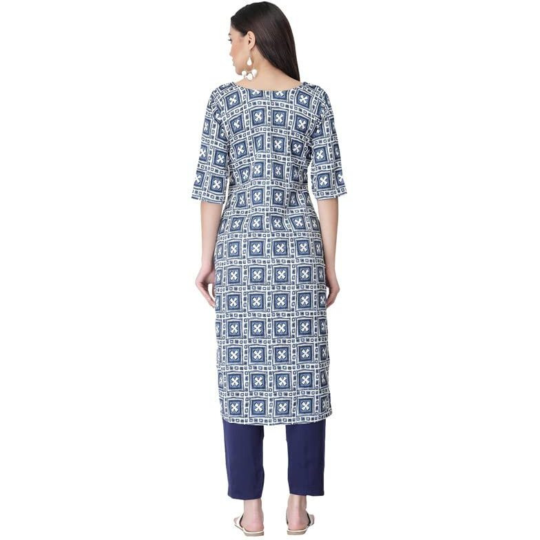Pinkmint Women's Printed Crepe Straight Kurta And Pant Set Blue