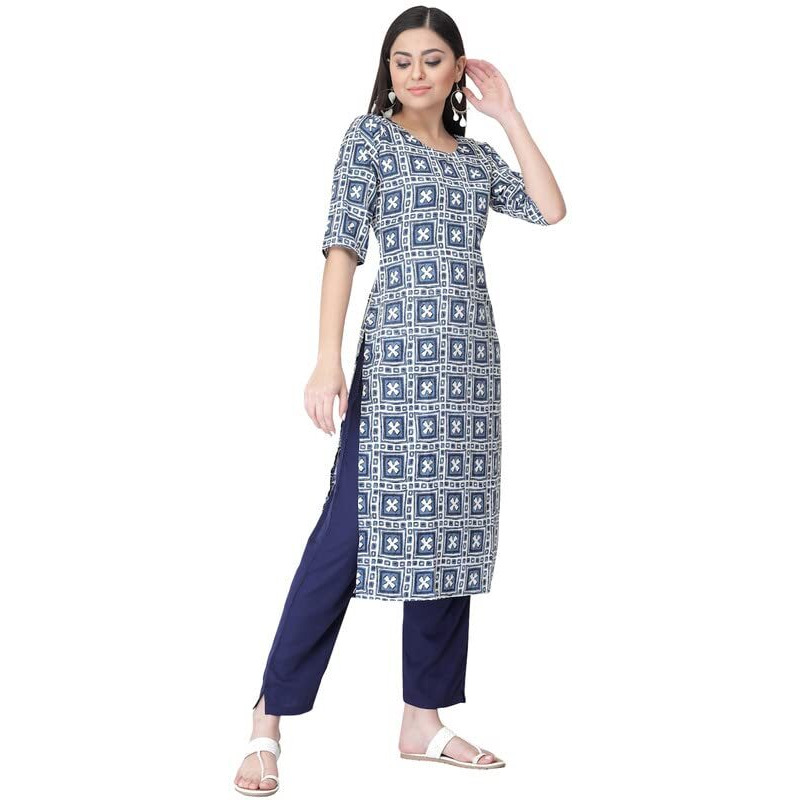 Pinkmint Women's Printed Crepe Straight Kurta And Pant Set Blue