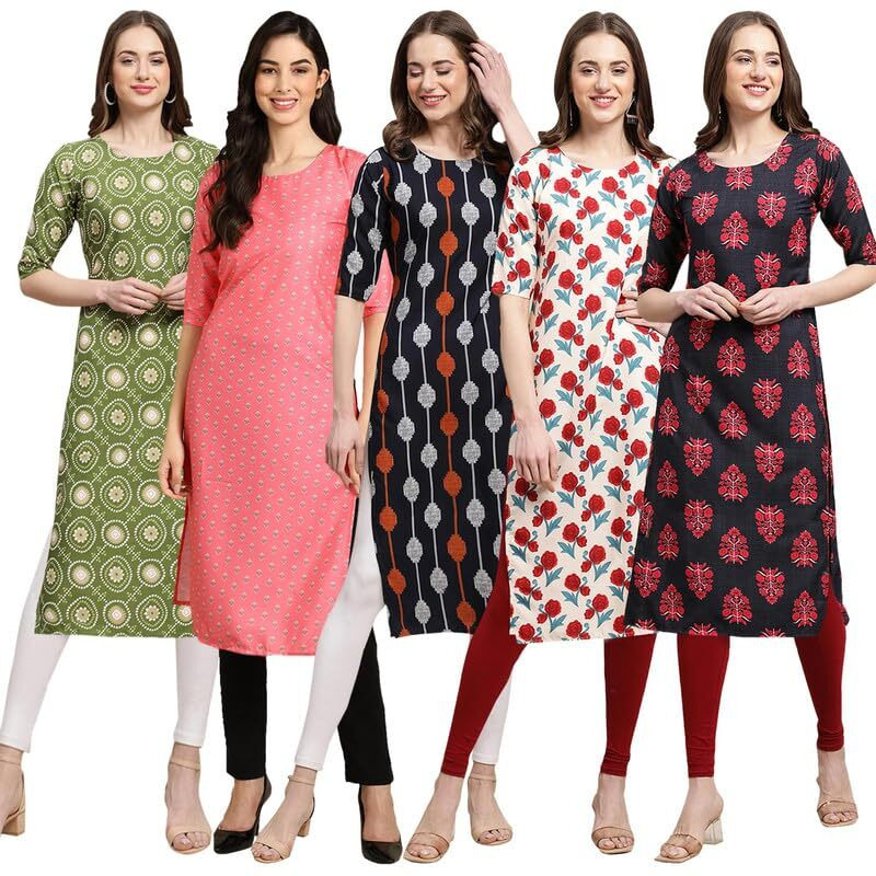 Pinkmint Crepe Digital Printed Kurti For Womens Straight Kurti For Women (Pack Of 5)