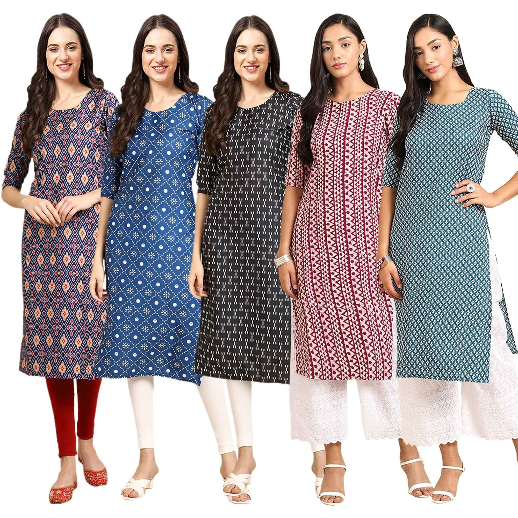 Pinkmint Women's Crepe Digital Print Straight Kurta [Pack Of 5] (Cch-358-353-362-347-351-M)