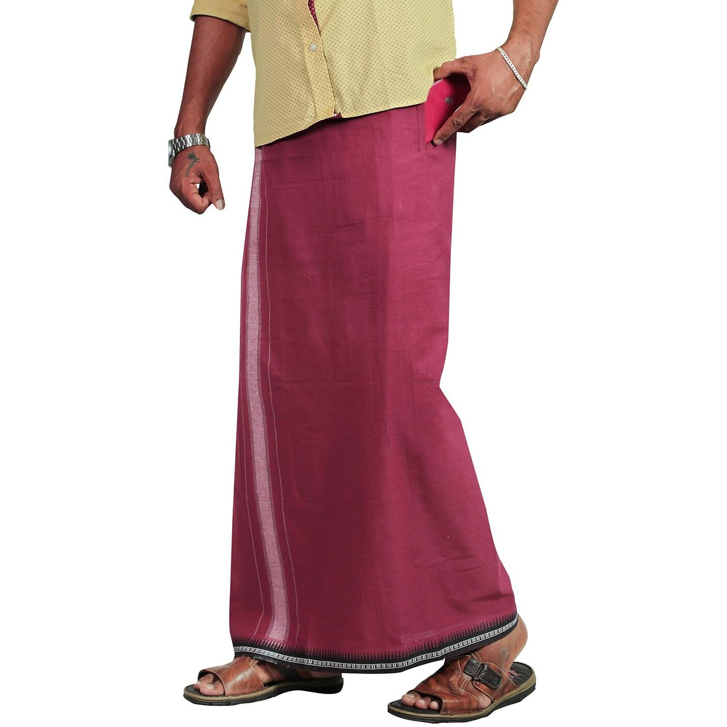 Prakasam Cotton Mens Cotton Kerala Thalapathi Border Welcro Pocket Dhoti (Size -L Size Dhoti) / Cherry Colour Thalapathi Adjustable Pocket Dhoties For Mens
