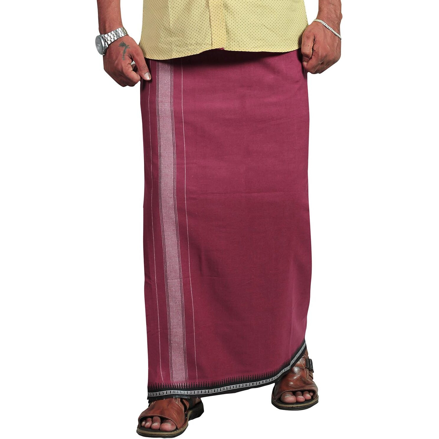 Prakasam Cotton Mens Cotton Kerala Thalapathi Border Welcro Pocket Dhoti (Size -L Size Dhoti) / Cherry Colour Thalapathi Adjustable Pocket Dhoties For Mens