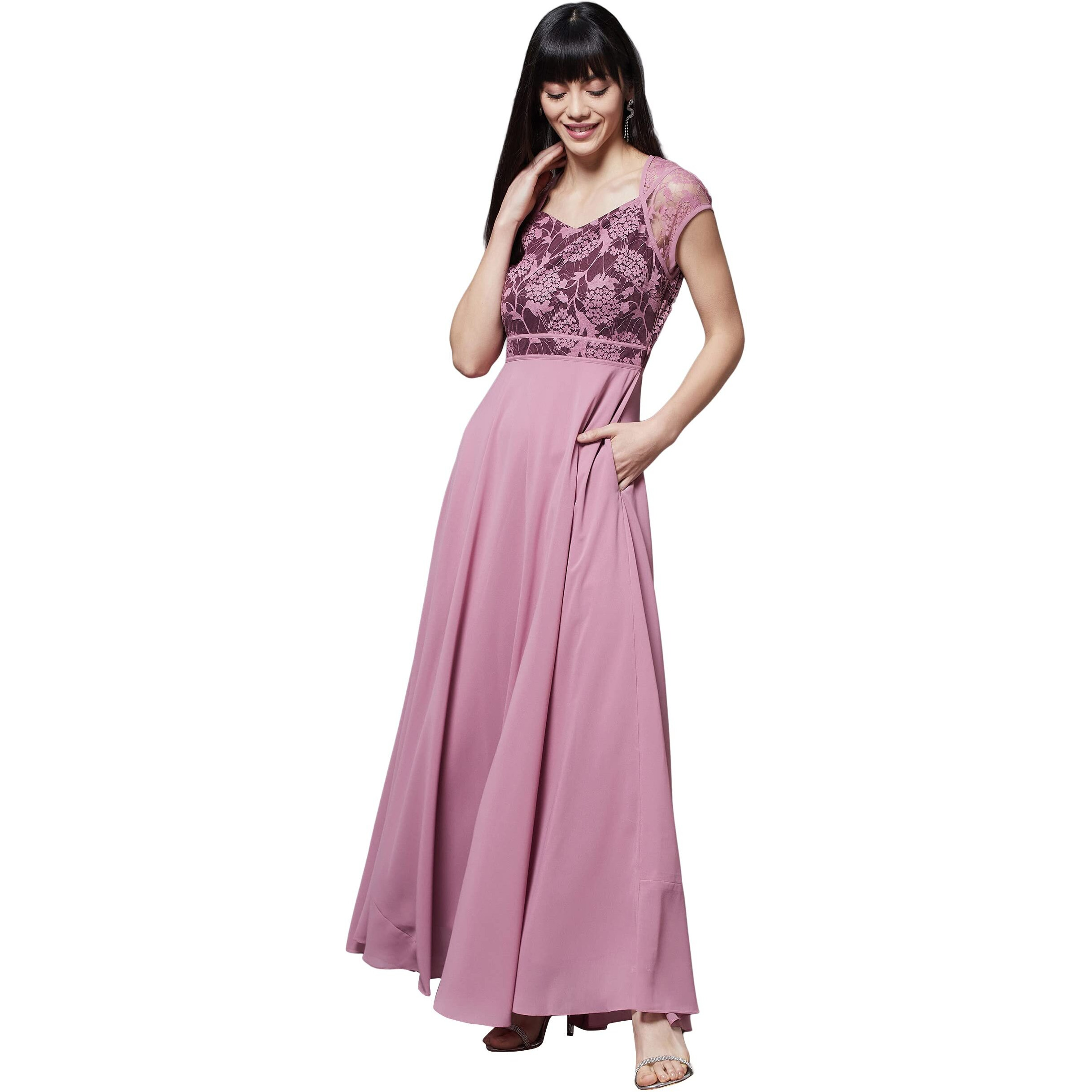 Miss Chase Women's Lavender & Wine V-Neck Cap Sleeves Floral Lace Fit & Flare Maxi Dress (Mcss21D06-11-249-05, Lavender & Wine, L)