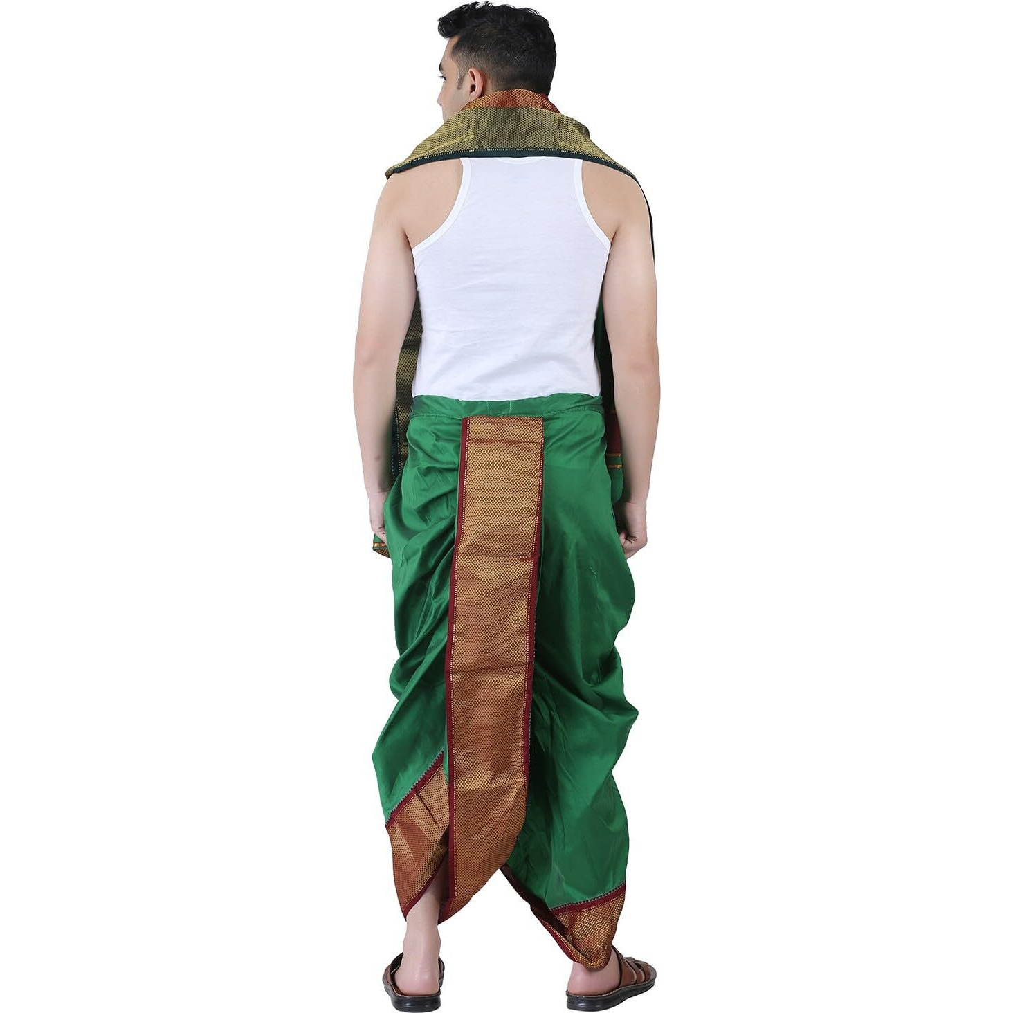 Prakasam Cotton Mens Asha Silk Panchakacham Ready To Wear Dhoti Towel Set With Pocket/Panchakacham Dhoti With Angavastram (Stitched Dhoti With Pocket