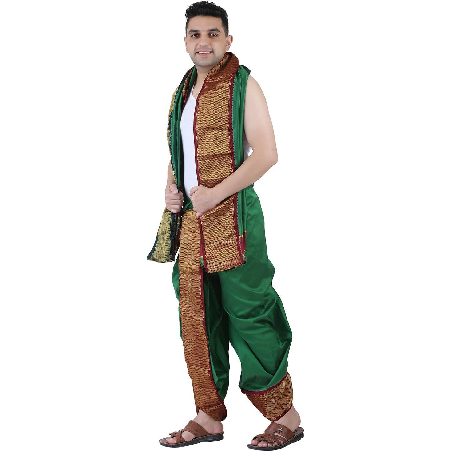 Prakasam Cotton Mens Asha Silk Panchakacham Ready To Wear Dhoti Towel Set With Pocket/Panchakacham Dhoti With Angavastram (Stitched Dhoti With Pocket
