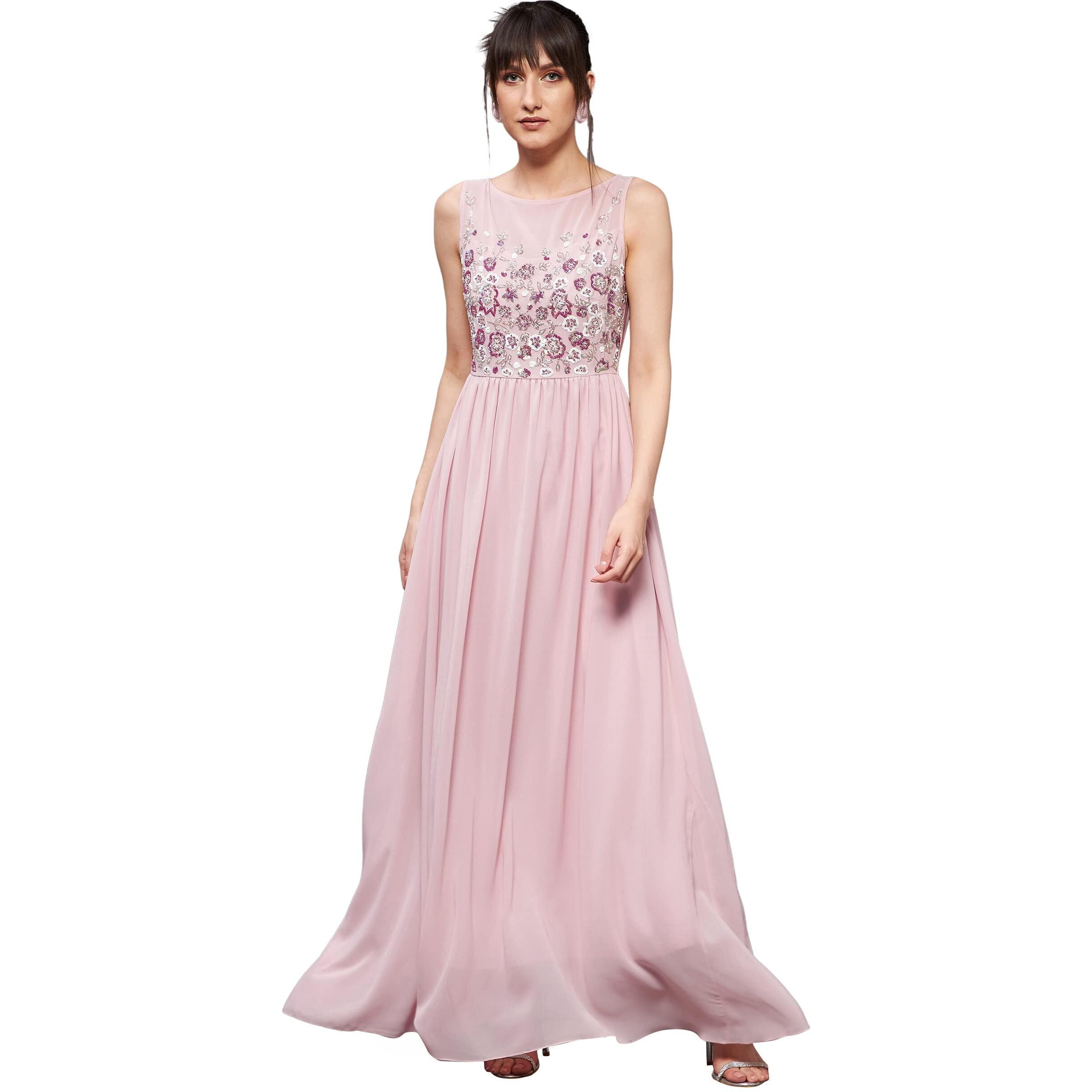 Miss Chase Women's Dusty Pink Boat Neck Sleeveless Embellished Gathered Regular Dress (Mcaw19D08-45-234-06, Dusty Pink, Xl)