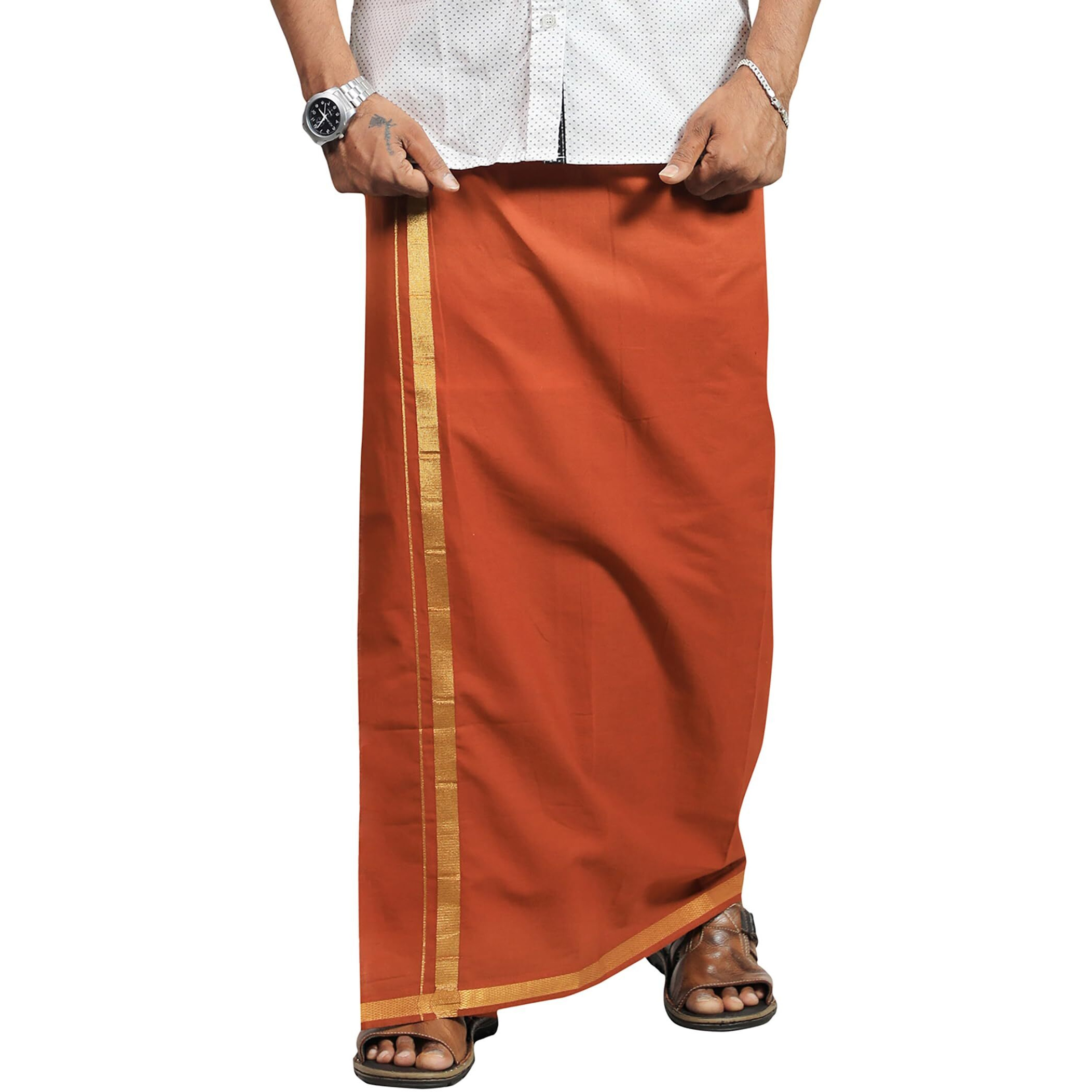 Prakasam Cotton Mens D.Kavi Colour Jari Cotton Flexi Size Welcro Pocket Dhoti (Jari-D.Kavi)-Small