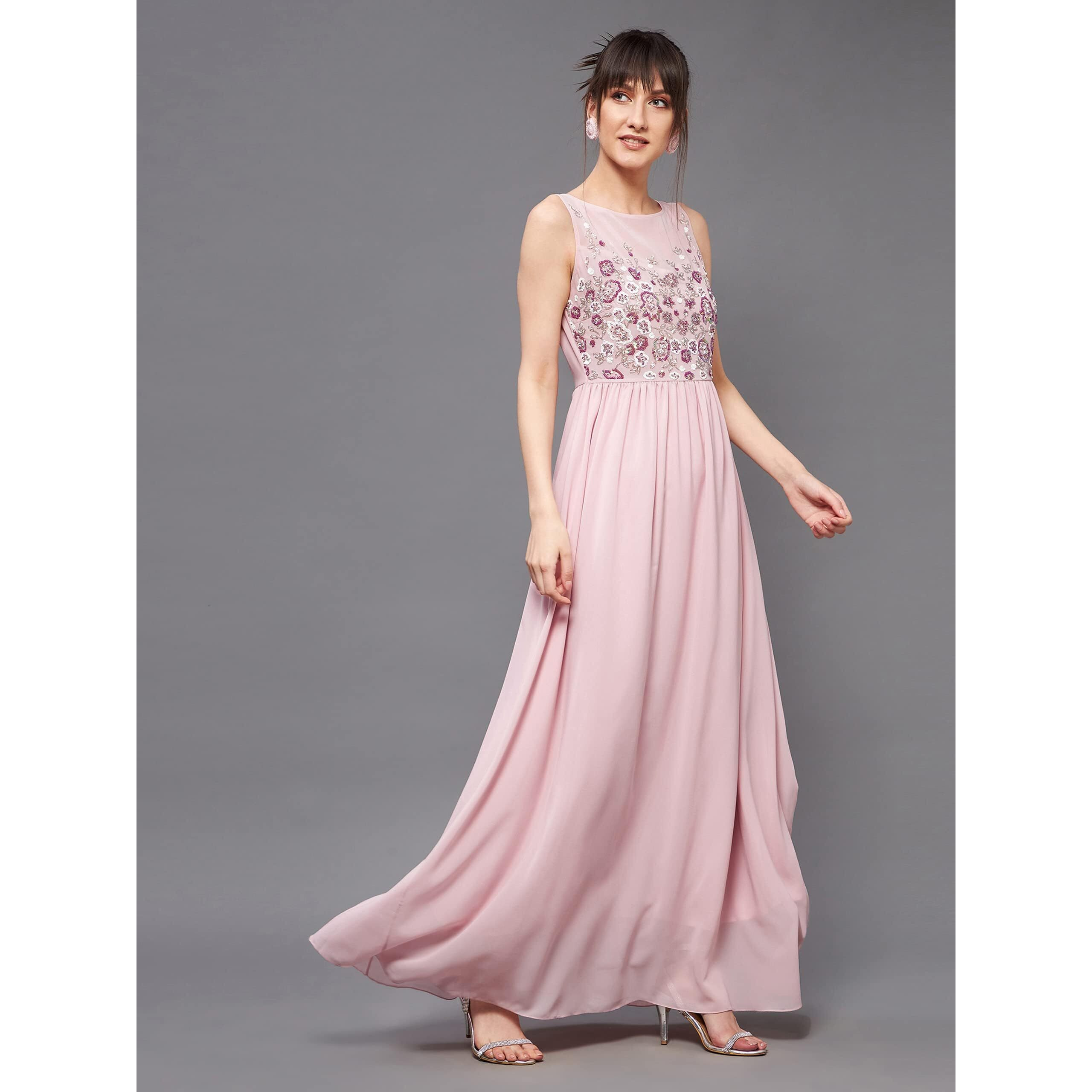 Miss Chase Women's Dusty Pink Boat Neck Sleeveless Embellished Gathered Regular Dress (Mcaw19D08-45-234-04, Dusty Pink, M)