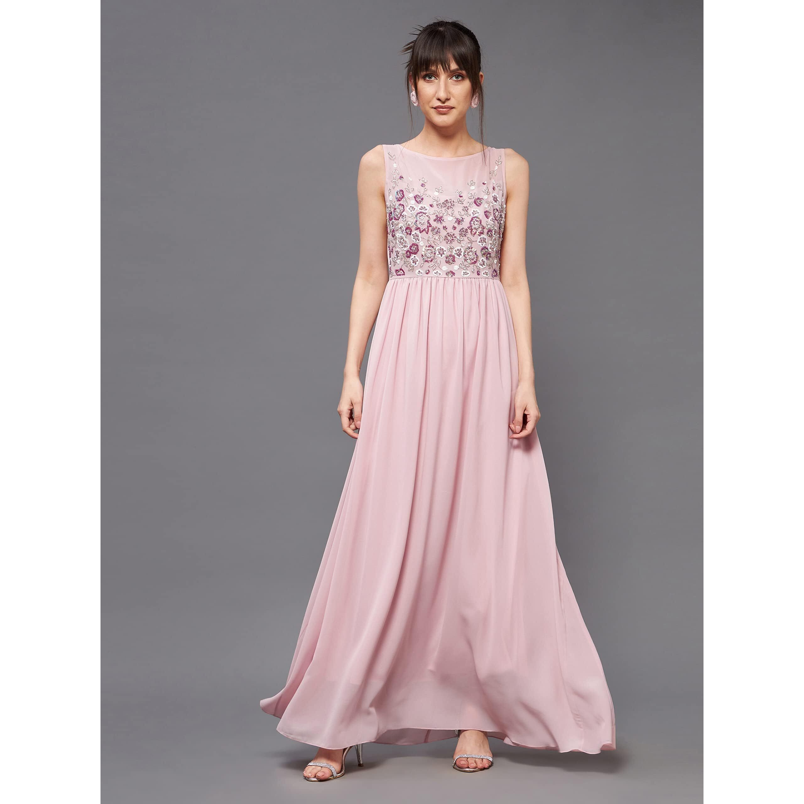 Miss Chase Women's Dusty Pink Boat Neck Sleeveless Embellished Gathered Regular Dress (Mcaw19D08-45-234-04, Dusty Pink, M)