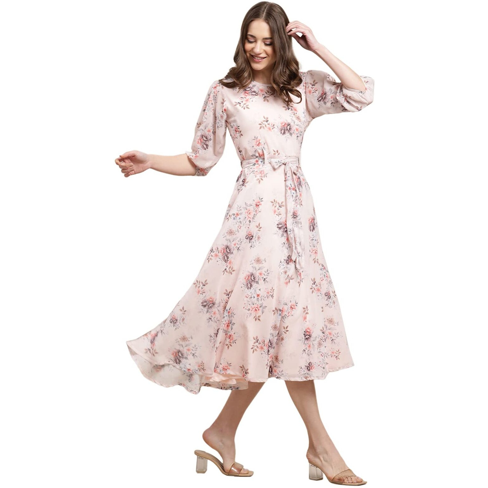 Preneum Women's Georgette Maxi Fit & Flare, Regular Sleeves, Long Gown Style, Casual Wear (In, Alpha, L, Plus, Baby Pink)