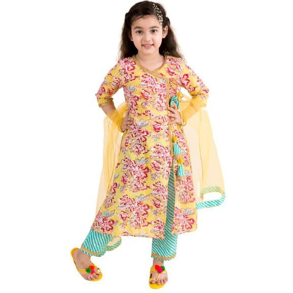 Pspeaches Girls Yellow Floral Printed Angrakha Pure Cotton Kurta With Trousers With Dupatta (Yellow-10-12Y)