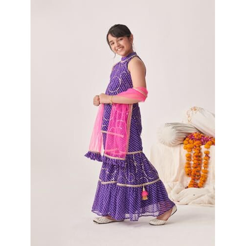 Pspeaches Girl's Georgette Sharara Set (Sha-Purpleleheriyaseq-7-8Y_Purple