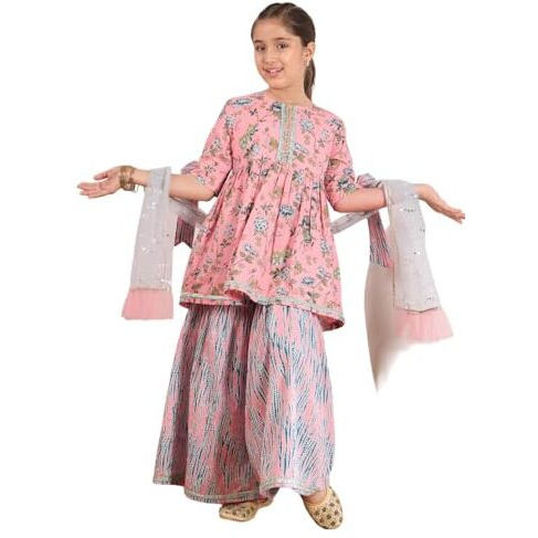 Pspeaches Girl's Cotton Sharara Set (Sha-Peachtealfloral-6-7Y_Peach