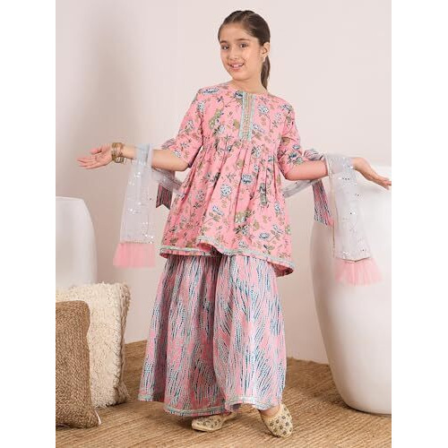 Pspeaches Girl's Cotton Sharara Set (Sha-Peachtealfloral-6-7Y_Peach