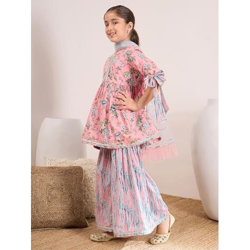 Pspeaches Girl's Cotton Sharara Set (Sha-Peachtealfloral-6-7Y_Peach