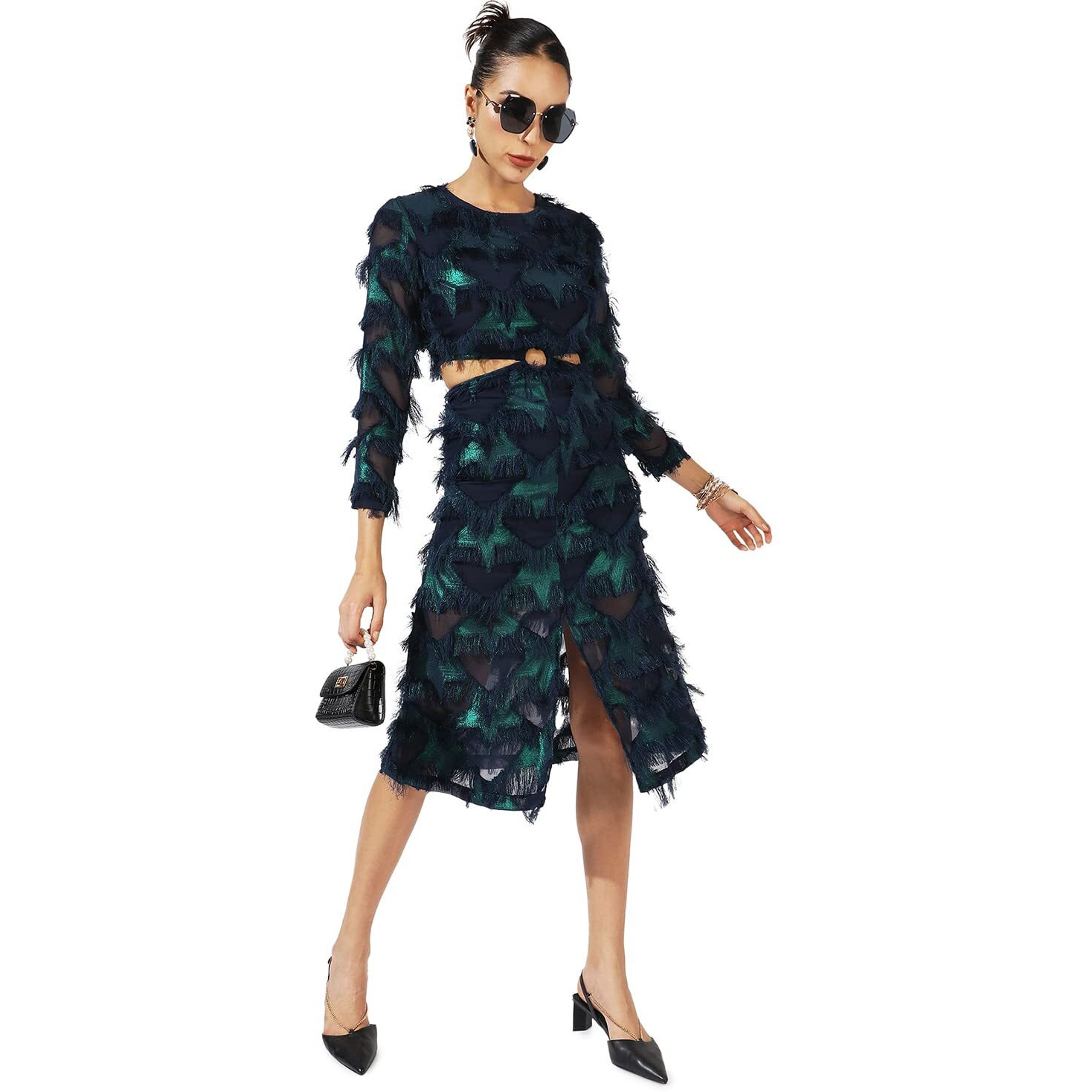 Campus Sutra Women's Green & Blue Cutout Fringe Dress For Casual Wear | Long Sleeve | Midi Length | Dress Crafted With Comfort Fit And High Performance For Everyday Wear